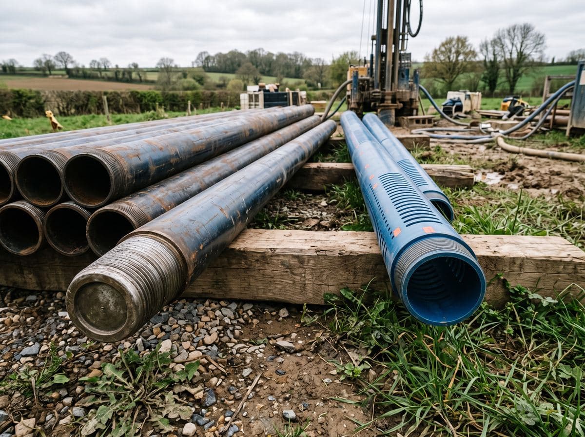 Tubes de forage et tubage acier alignés sur une aire de chantier en Normandie