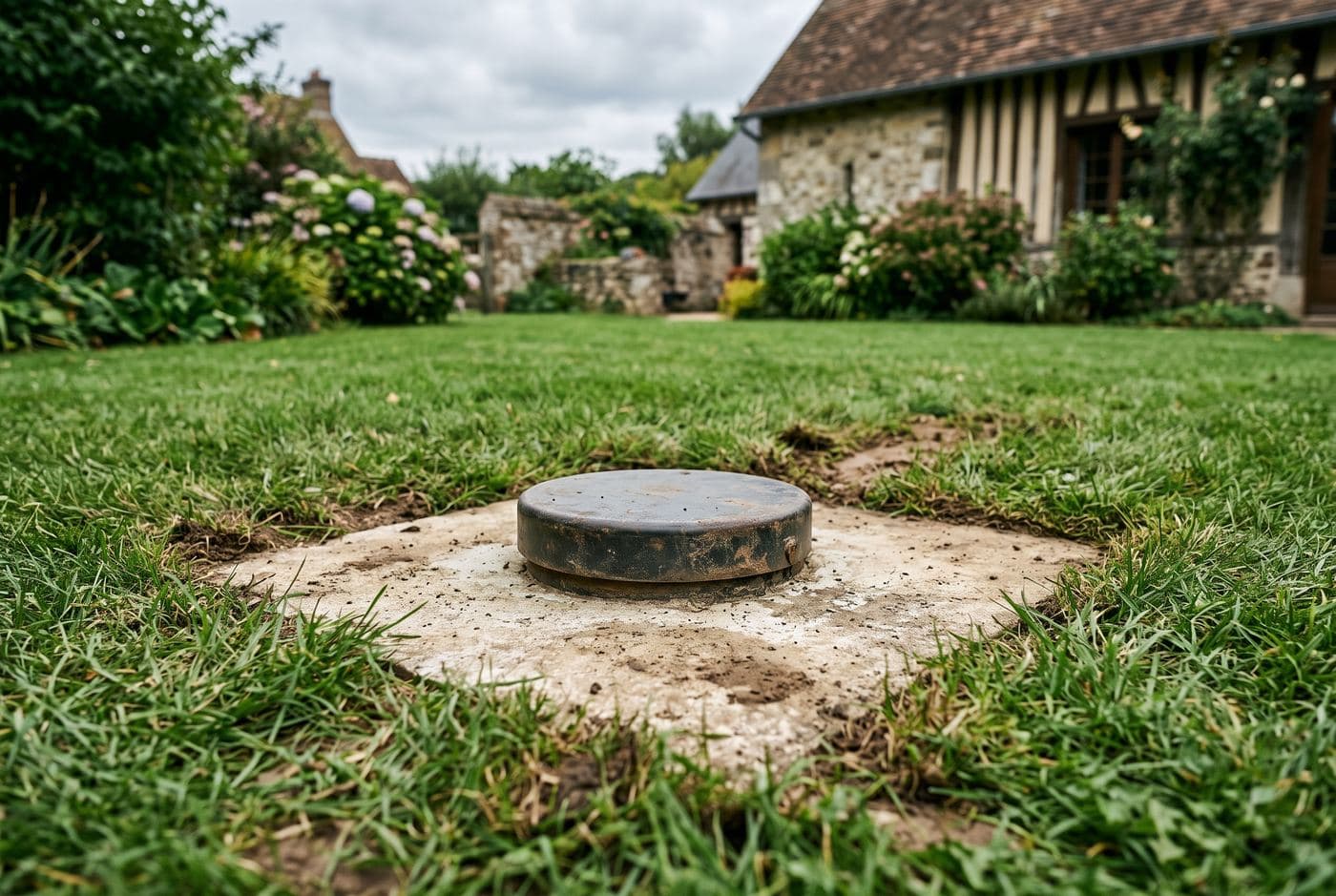 Tête de forage équipée dans un jardin normand, avec capot de protection au niveau du sol