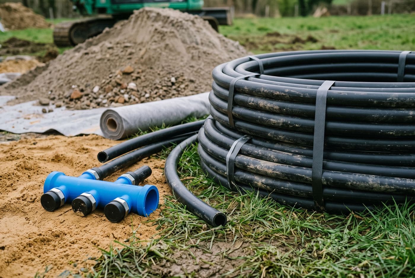 Machine de forage installée sur un terrain de maison individuelle pour la pose de sondes géothermiques verticales