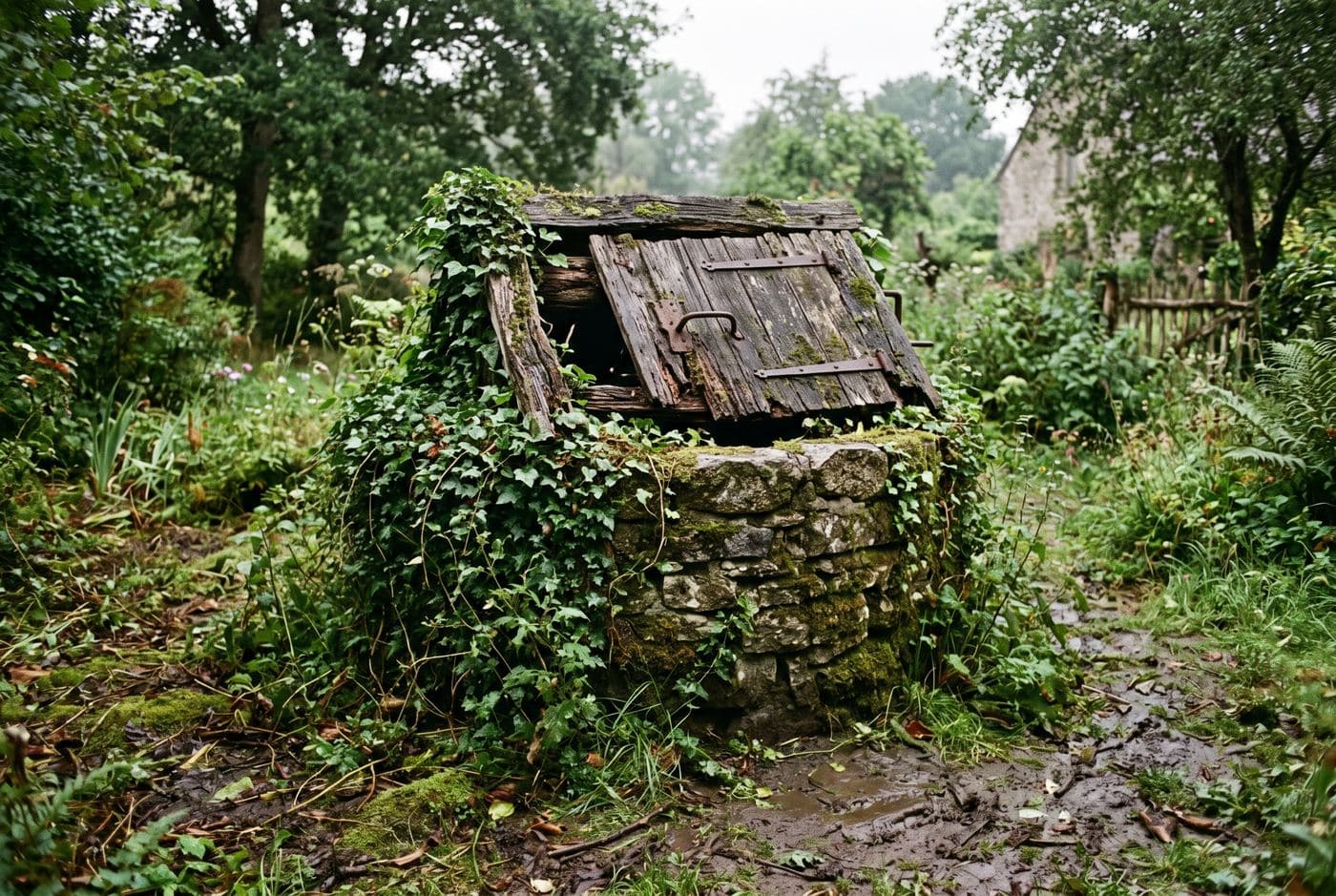 Puits maçonné ancien en pierre dans un jardin normand, margelle et couverture d’origine