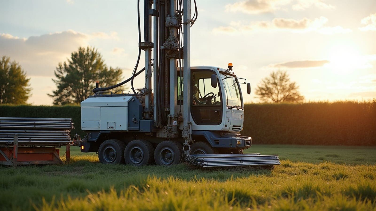Machine de forage d’eau au mât dressé sur une parcelle du bocage normand, tiges de forage rangées à côté
