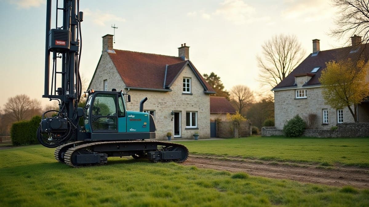 Foreuse de géothermie au mât dressé sur la pelouse devant une maison normande en pierre