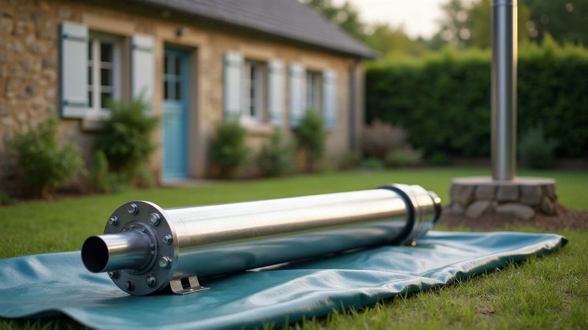 Pompe immergée neuve posée sur une bâche, à côté d’une tête de forage, dans un jardin normand