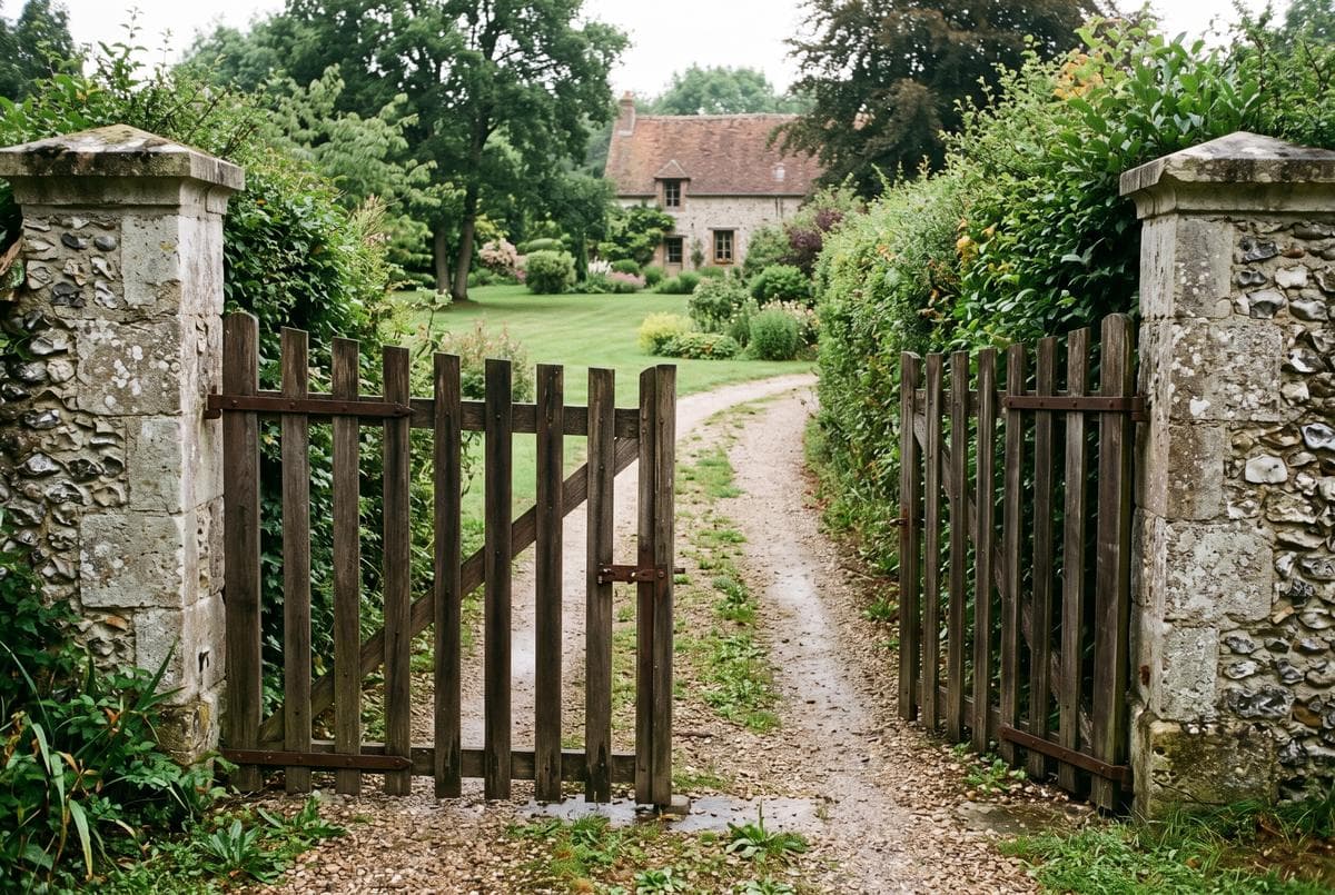 Entrée étroite d’une parcelle entre deux piliers de pierre, allée bordée de haies hautes