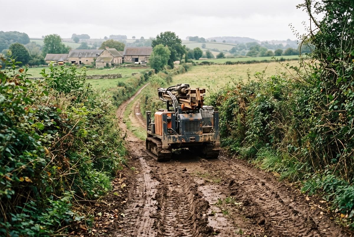 Foreuse compacte sur chenilles remontant un chemin de terre étroit bordé de haies