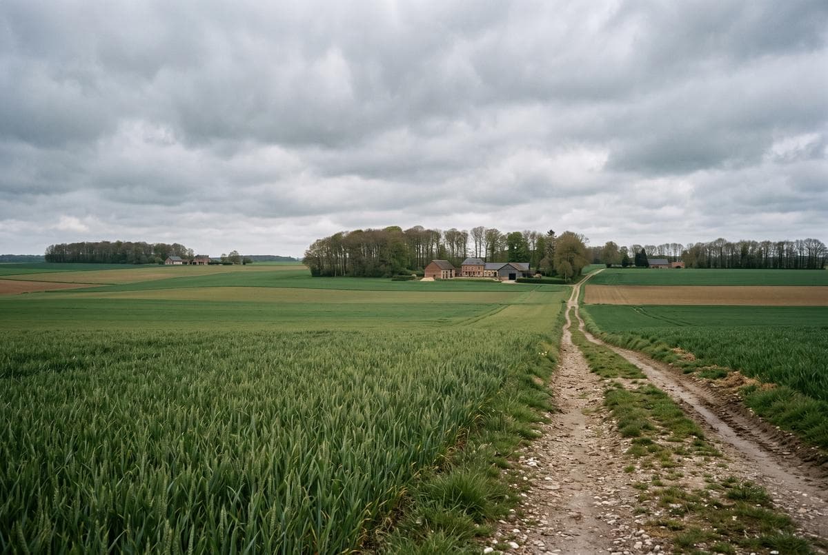 Plateau agricole ouvert du pays de Caux, grandes parcelles cultivées et bosquet ceinturant une ferme