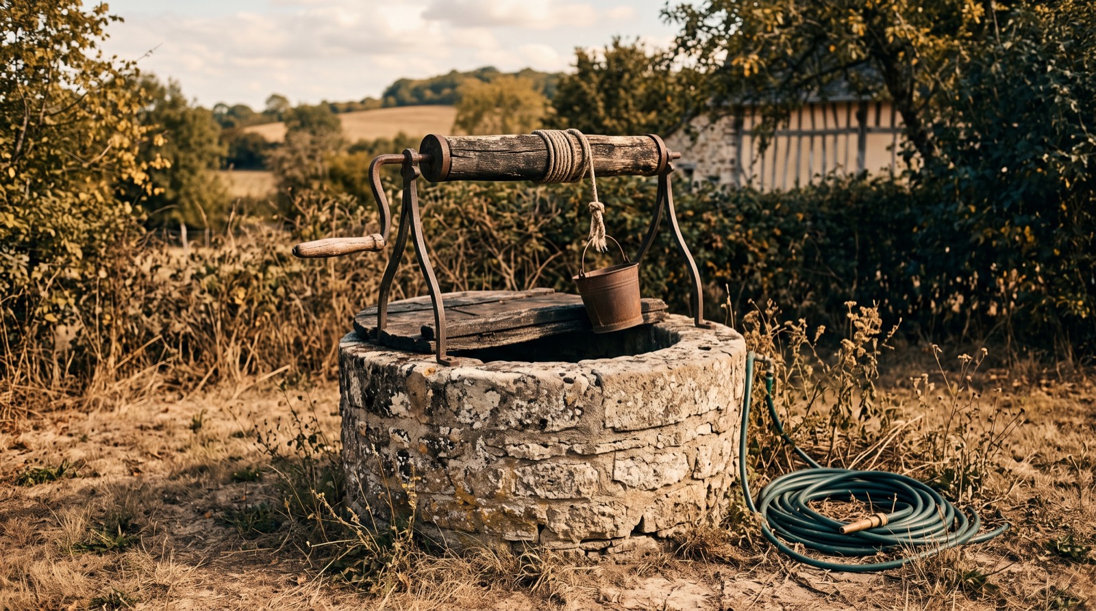 Puits ancien en pierre normande avec tuyau d'arrosage enroulé et inutilisé, dans un jardin de bocage en période sèche